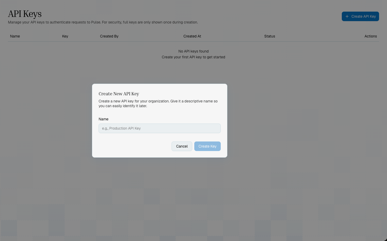 Pulse API Keys page with the Create New API Key dialog open