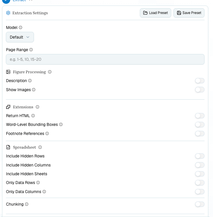 Extract step configuration panel with model, page range, figure, HTML, bounding box, spreadsheet, and chunking options