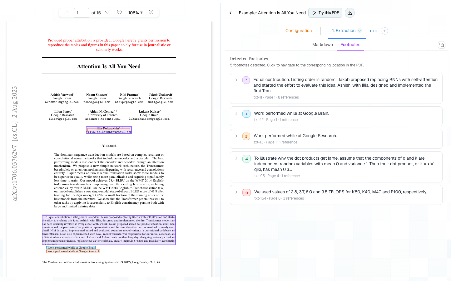 Platform footnote reference output beside the source PDF