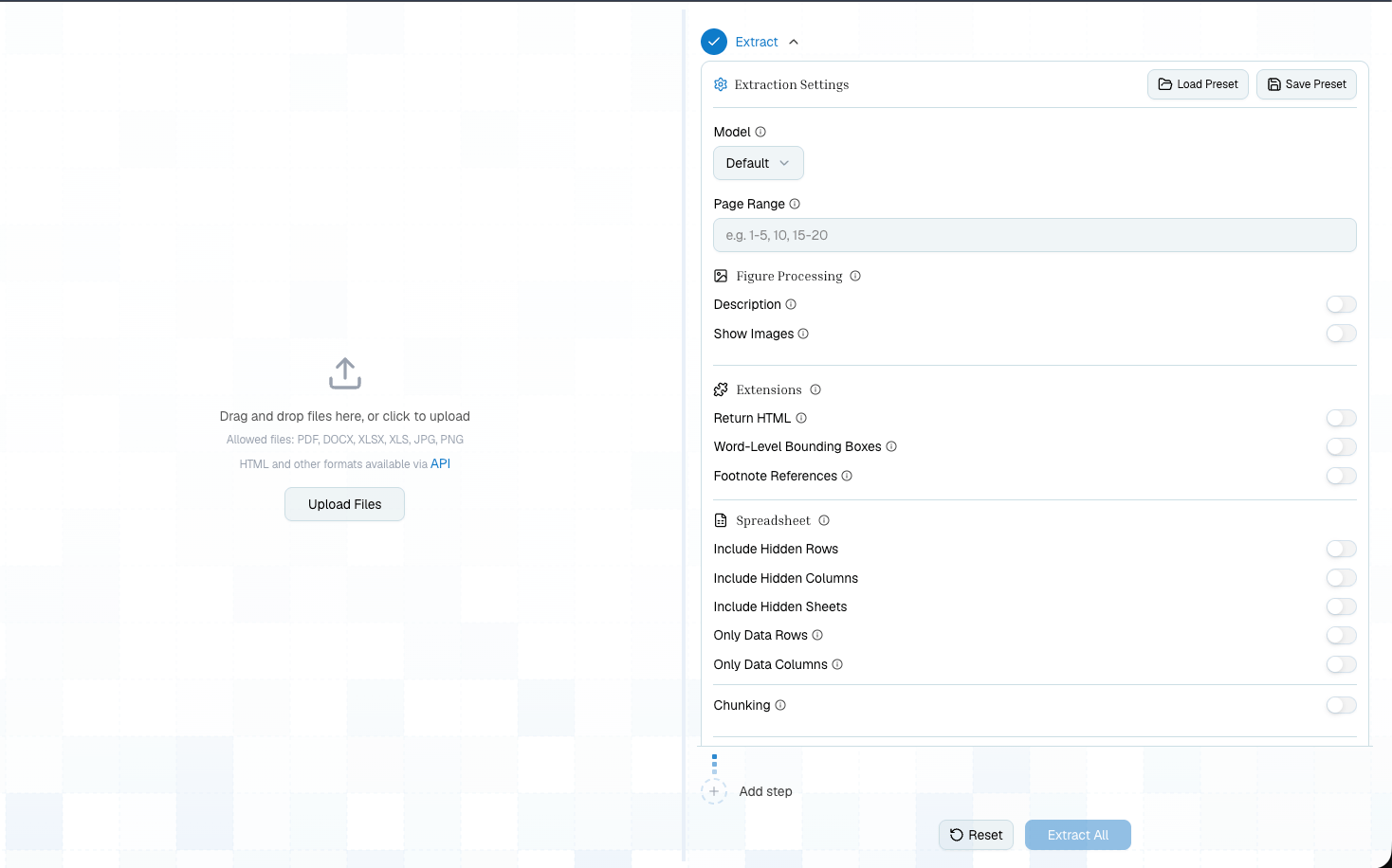 Pulse Platform upload screen with Extract settings open