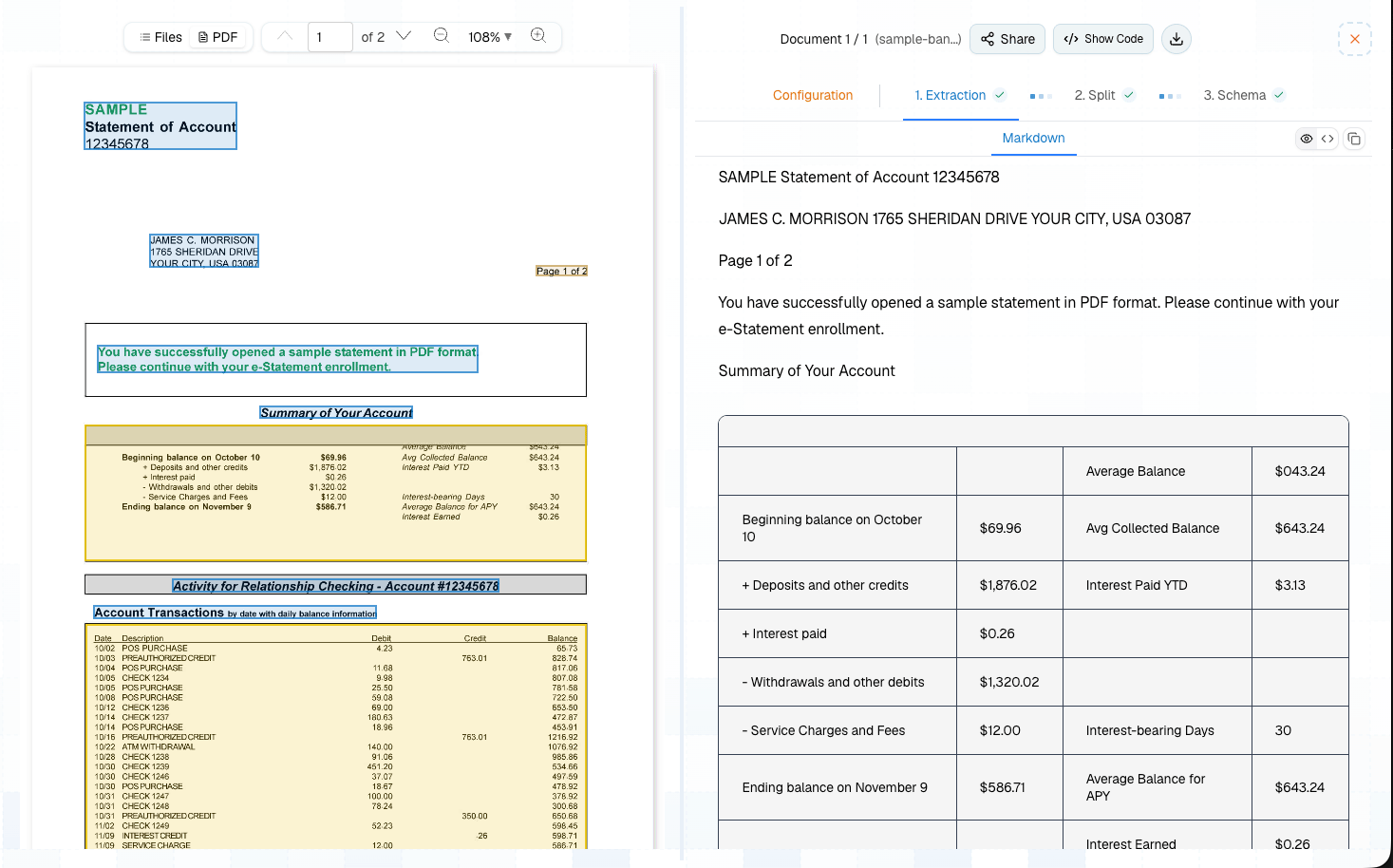 Pulse Playground showing a source PDF beside extracted markdown and table output