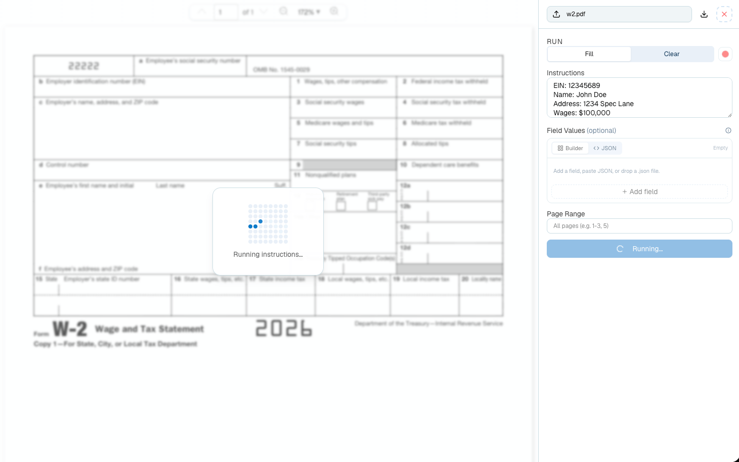 Pulse Form Filler page with PDF upload and instruction prompt