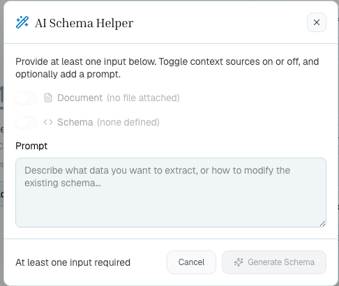 AI Schema Helper modal with document, schema, and prompt context options