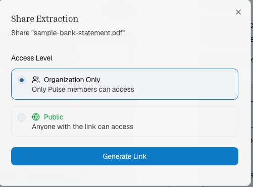 Share Extraction dialog with organization-only and public access options