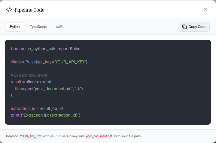 Show Code modal with generated Python for a Pulse extraction pipeline