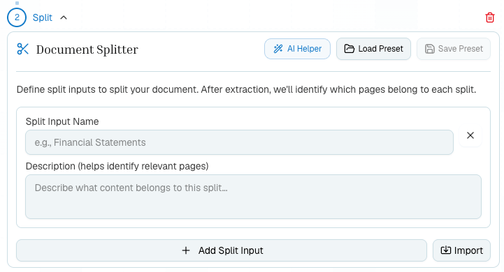 Split step configuration panel with split input name and description fields