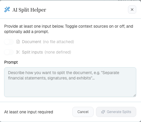 AI Split Helper modal with document, split input, and prompt context options