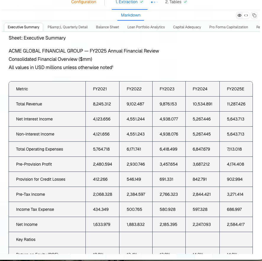 Spreadsheet extraction in the Platform showing workbook tabs and markdown output