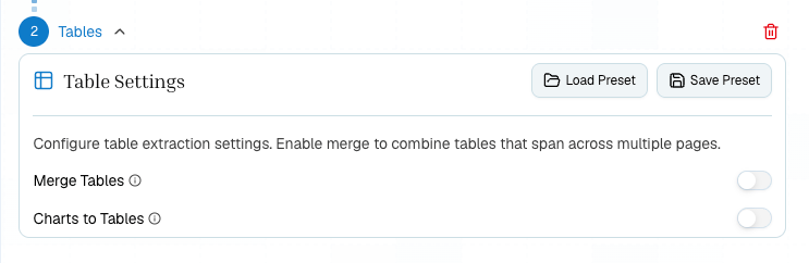 Tables step configuration panel with merge tables and charts-to-tables options