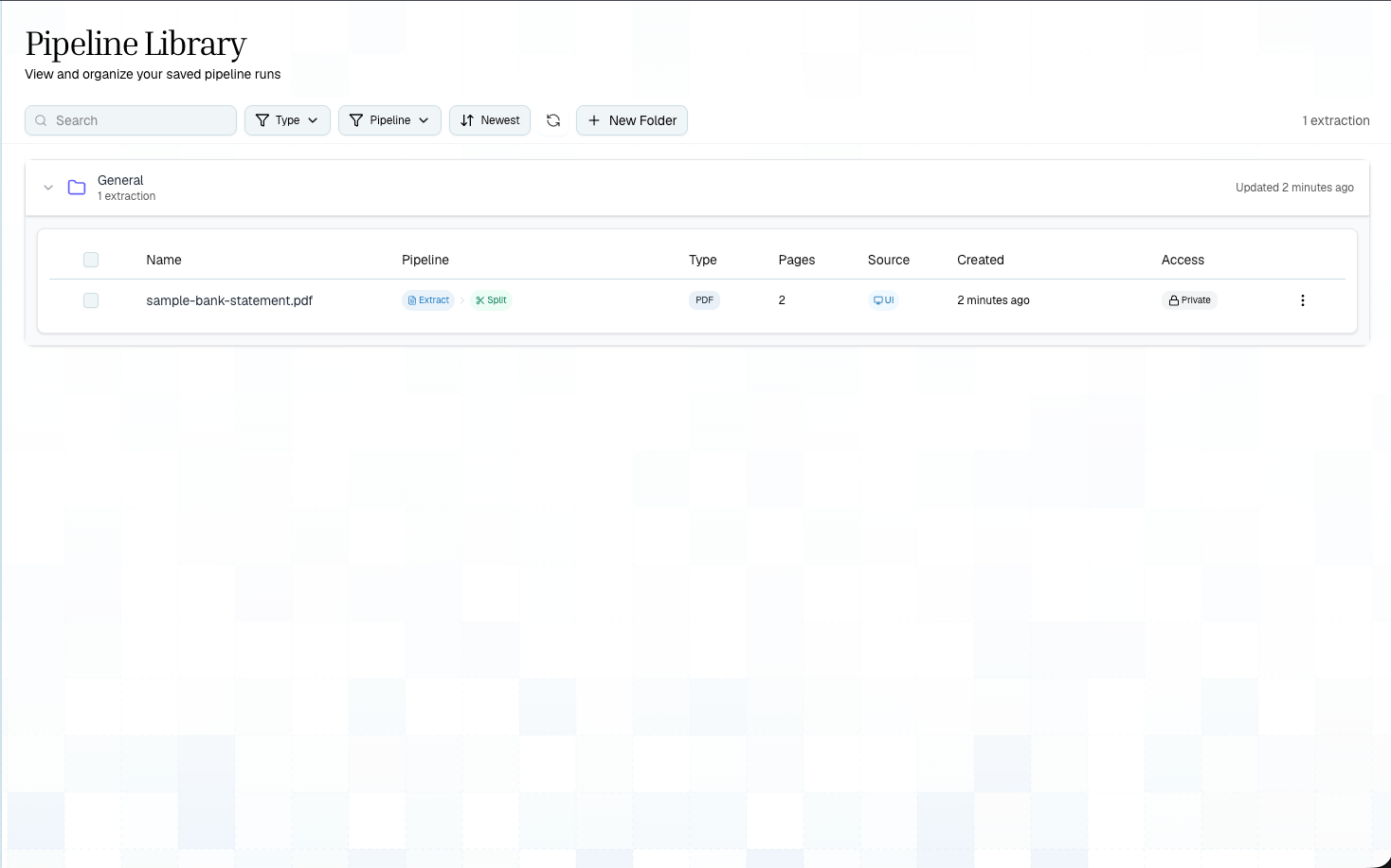 Pulse Pipeline Library showing folders and saved extractions