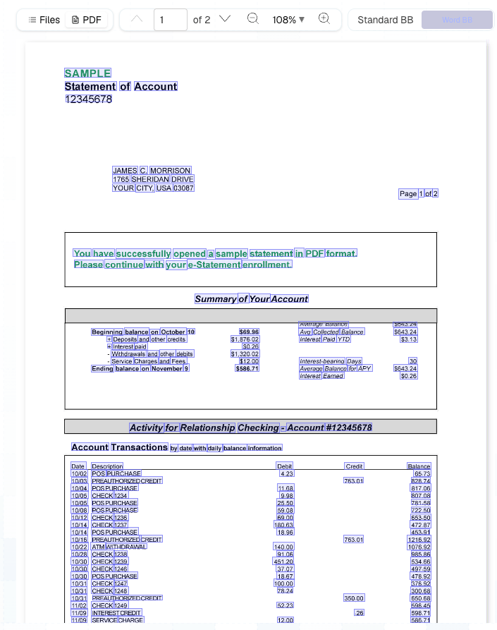Bank statement with word-level bounding boxes overlaid