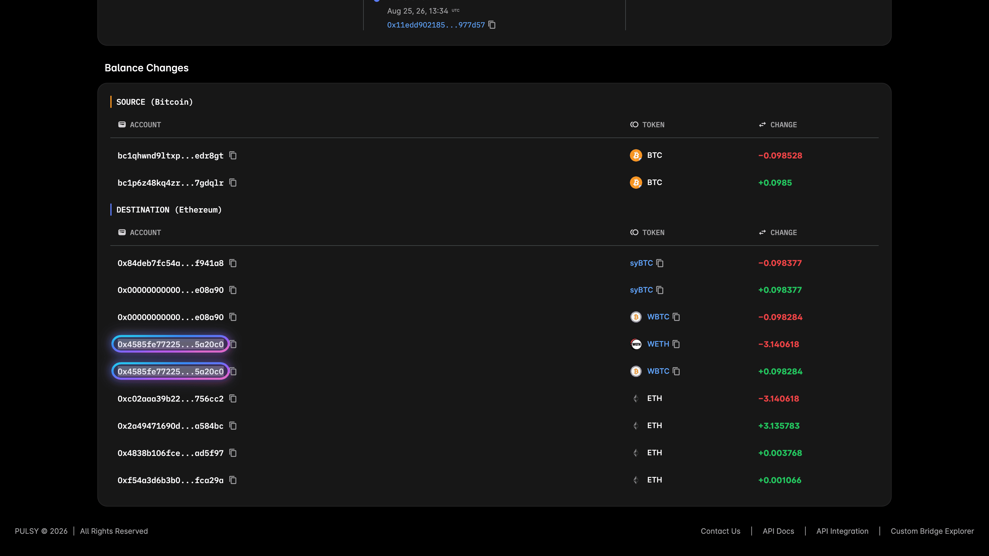 The balance changes on a transfer page, with one account hovered and the same account lit up in the other row it appears in.
