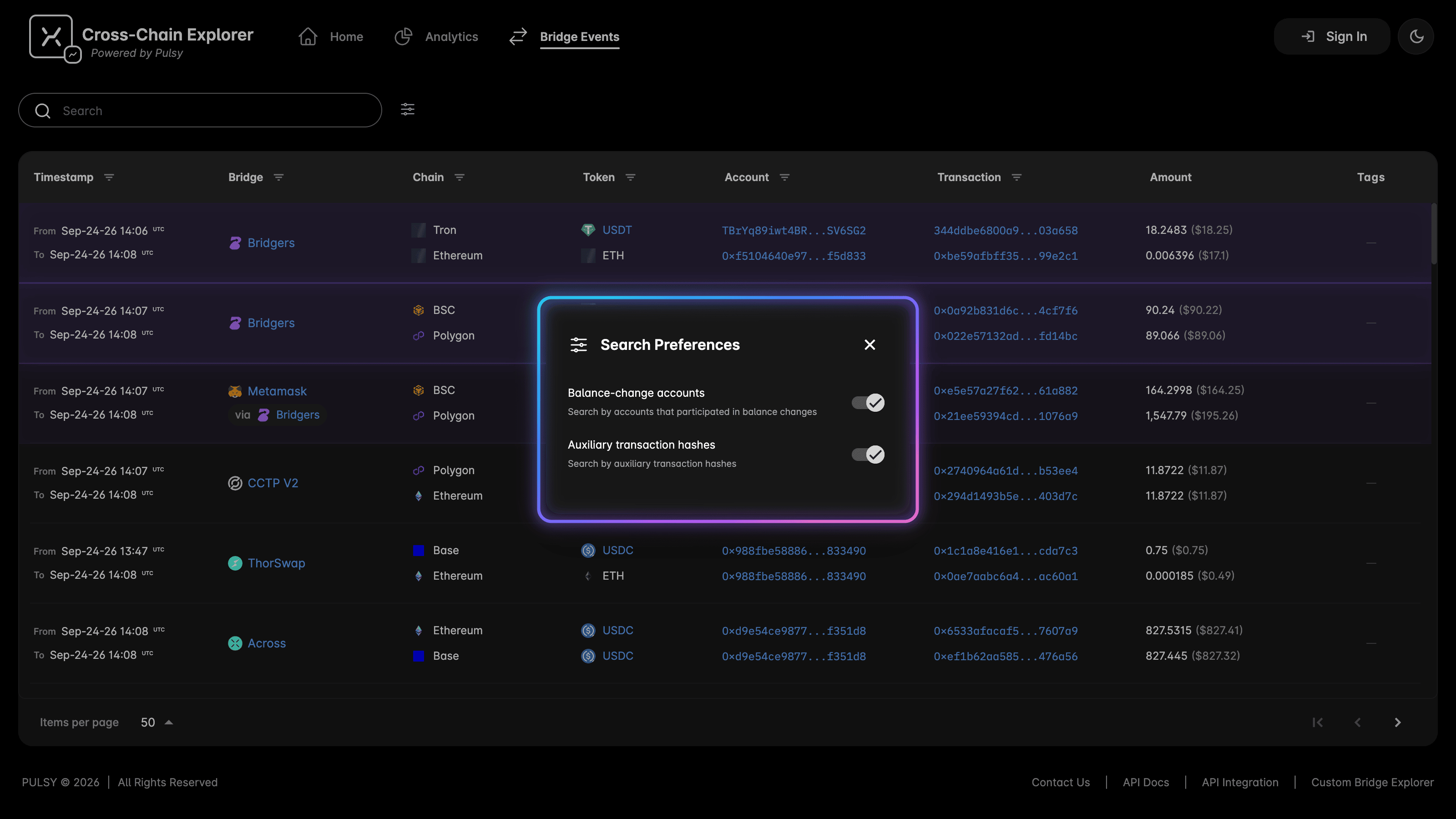 The Search Preferences modal in the XFlow explorer, with both search options switched on.
