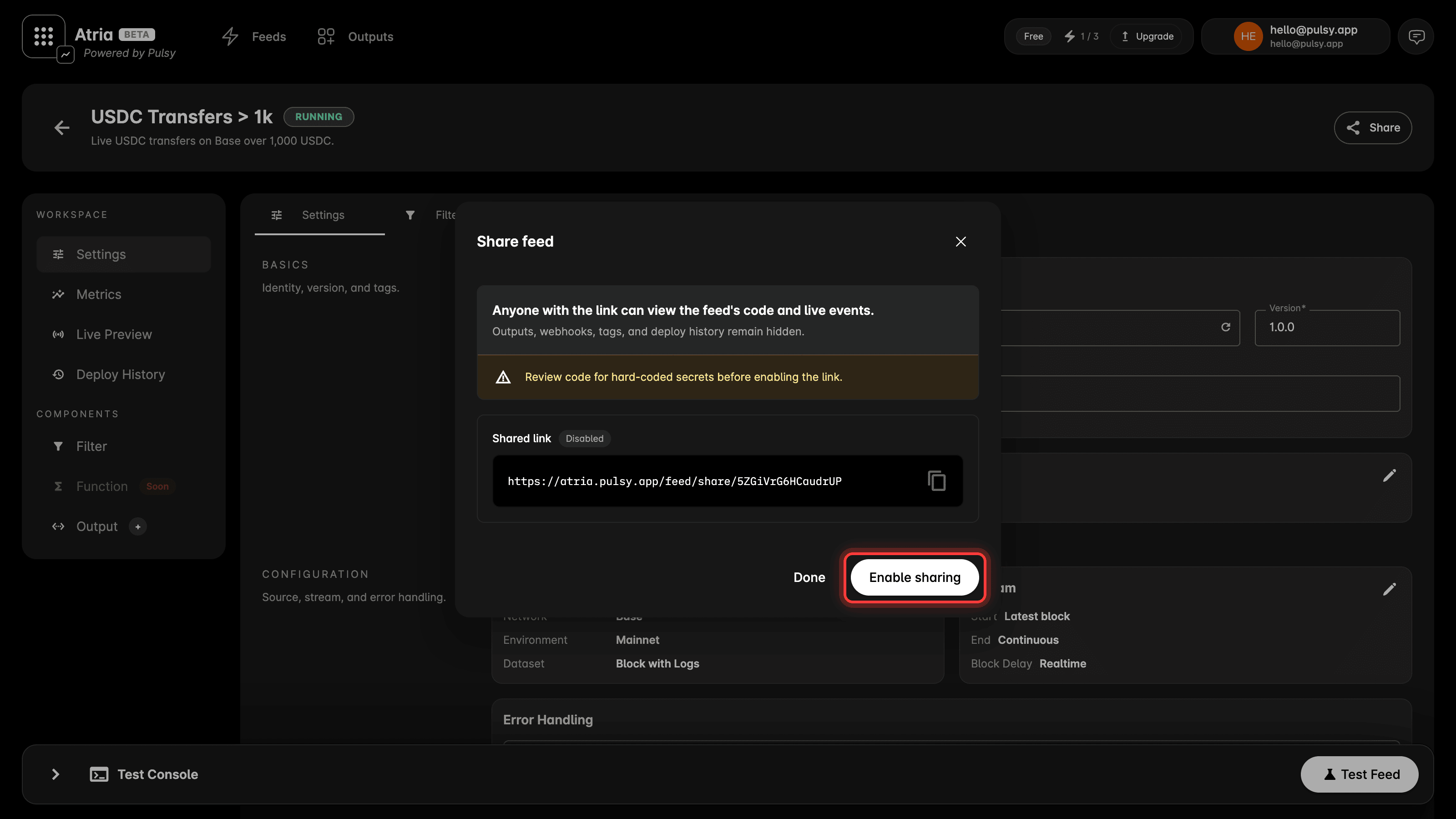 Share feed dialog with the Enable sharing action