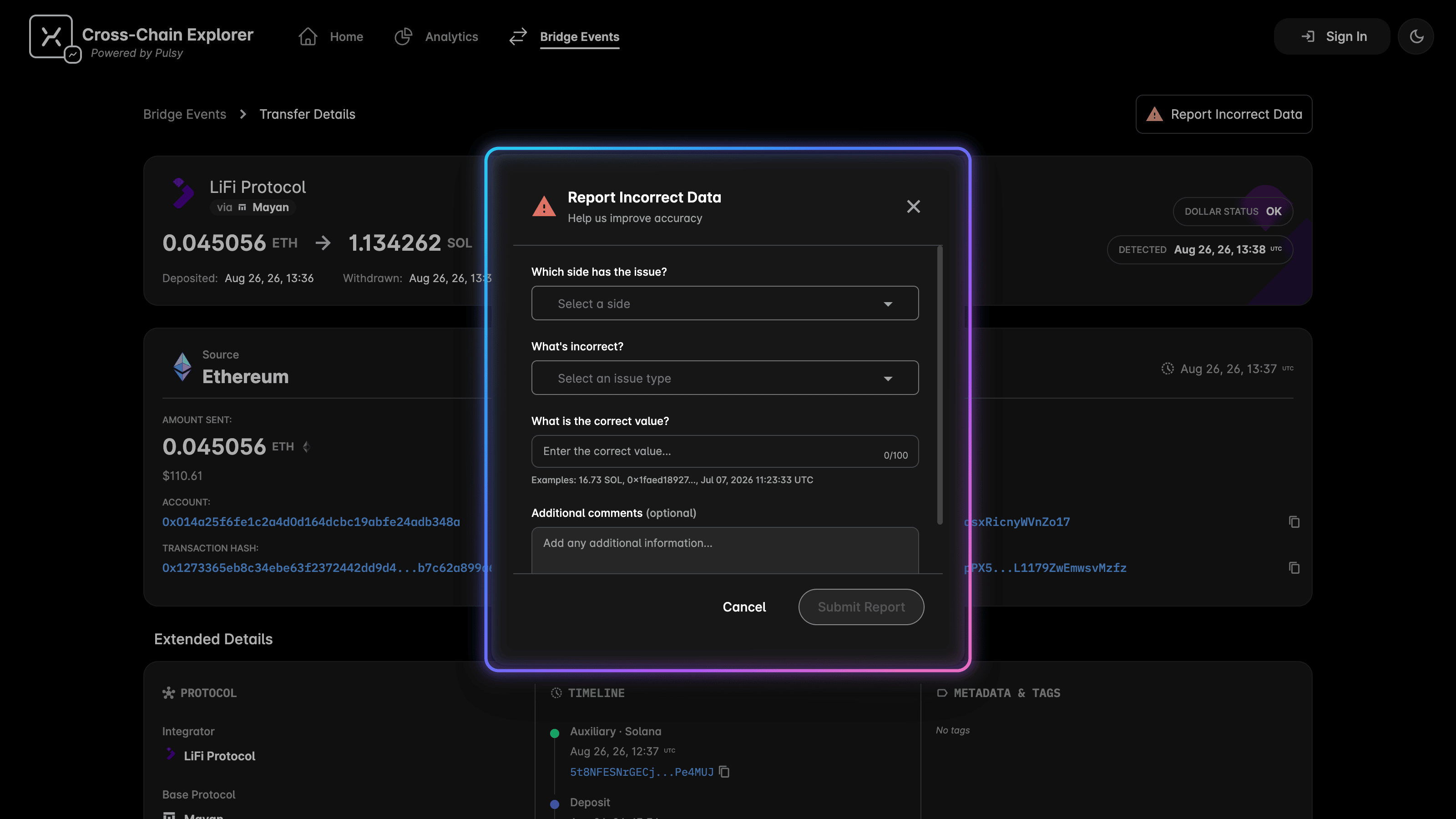 The report incorrect data button on a transfer page and the dialog it opens