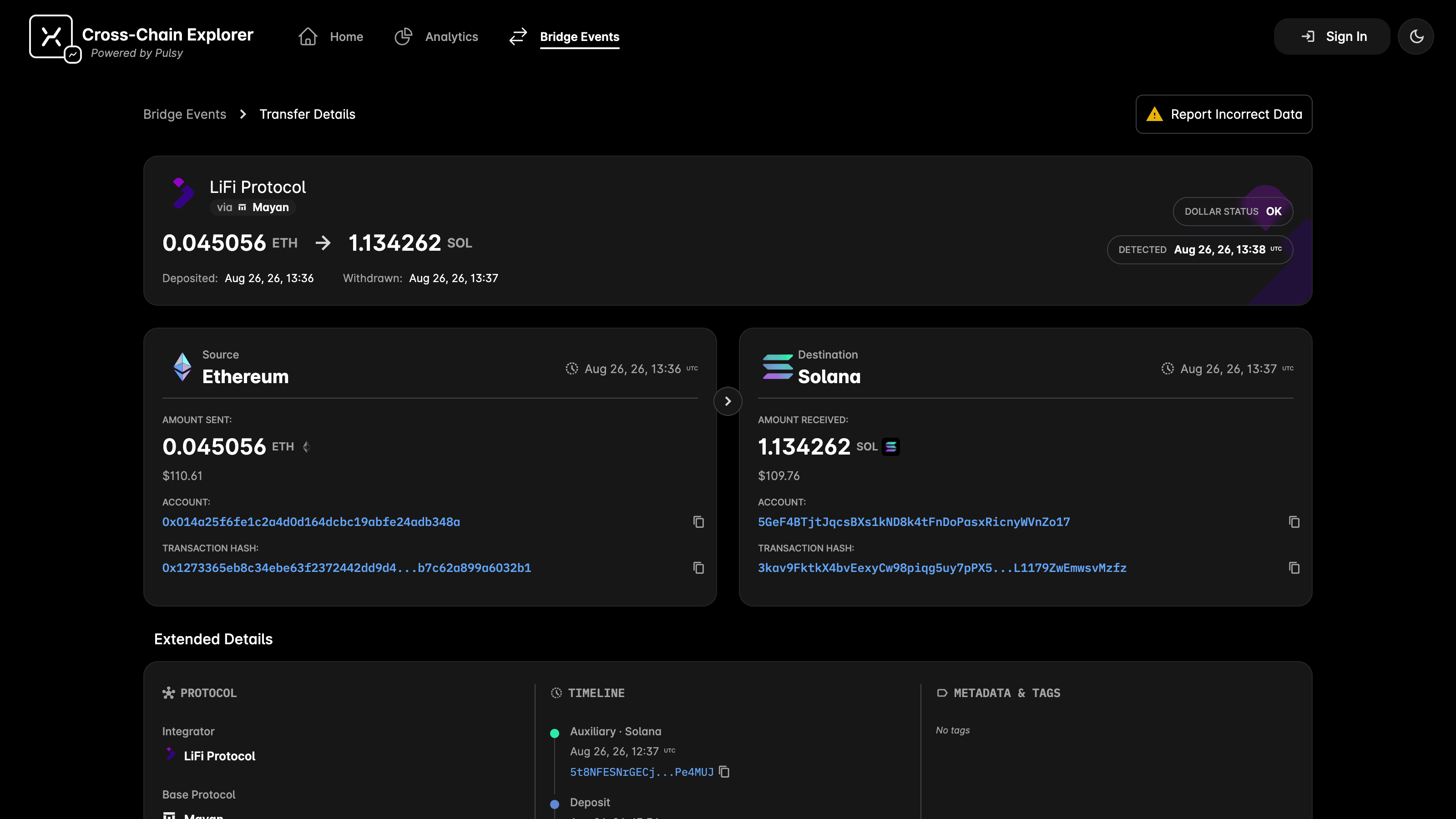 The transfer page, showing the full route of a cross-chain transfer