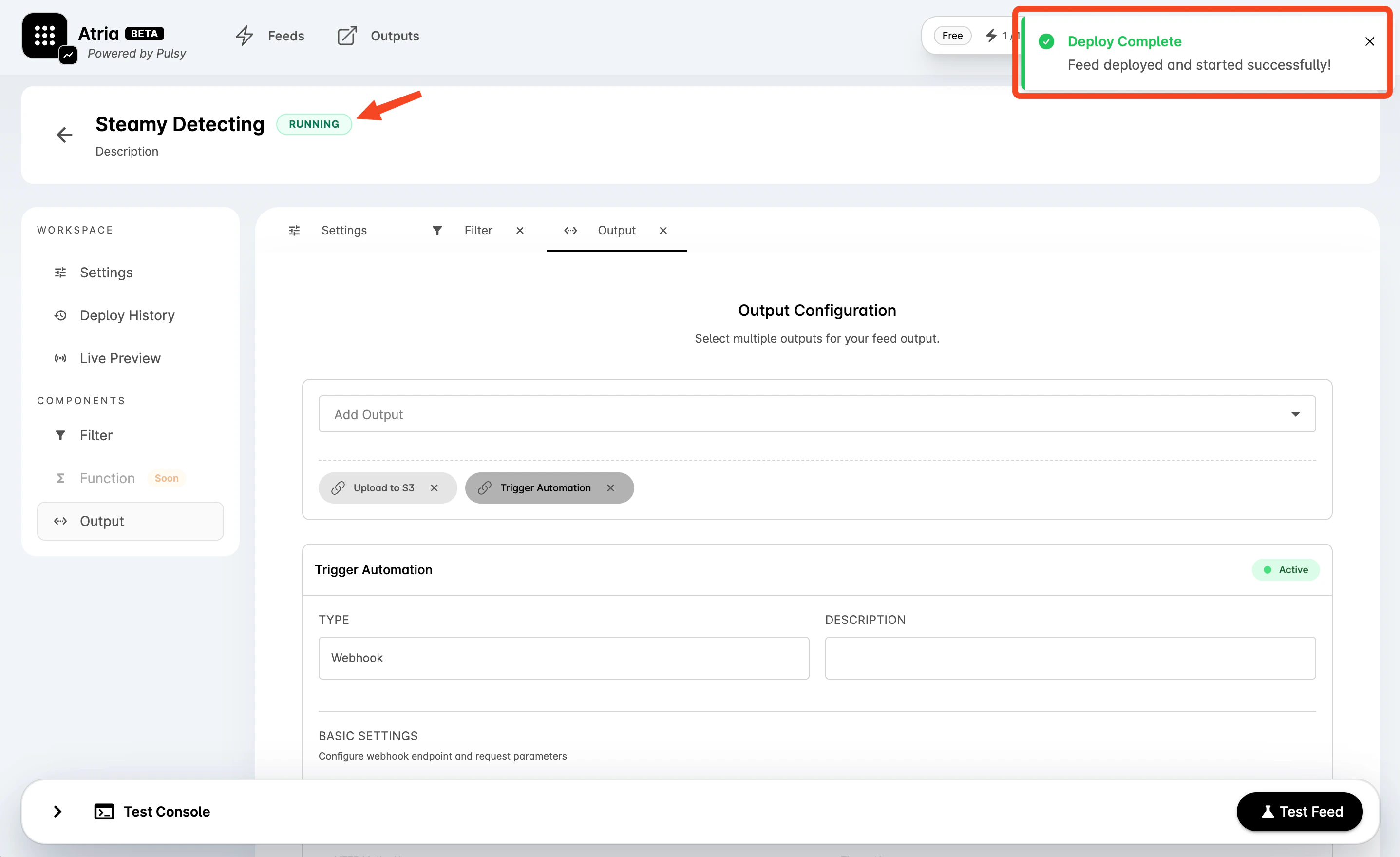 Deployed feed workspace after the success notification