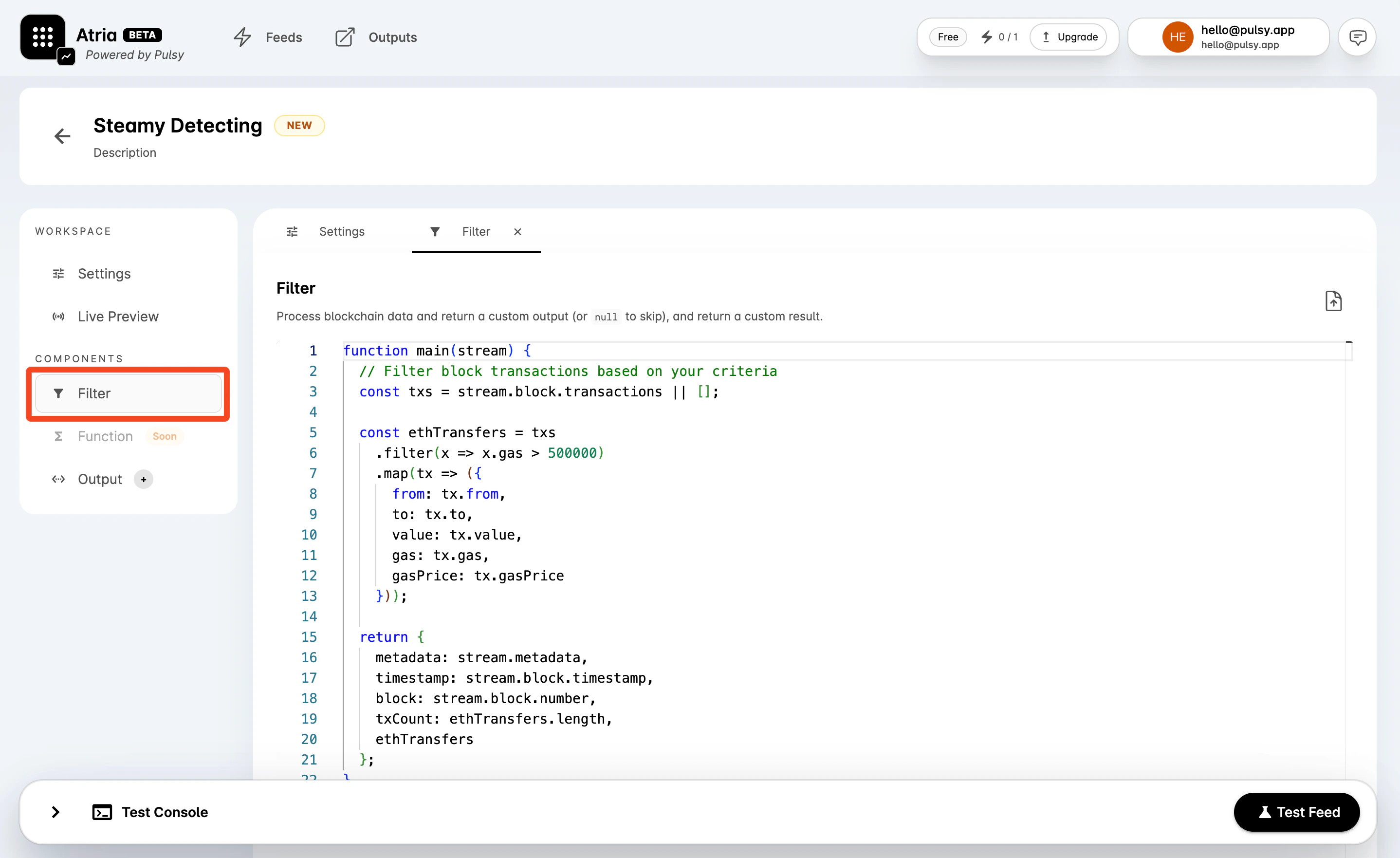Filter tab with the code editor