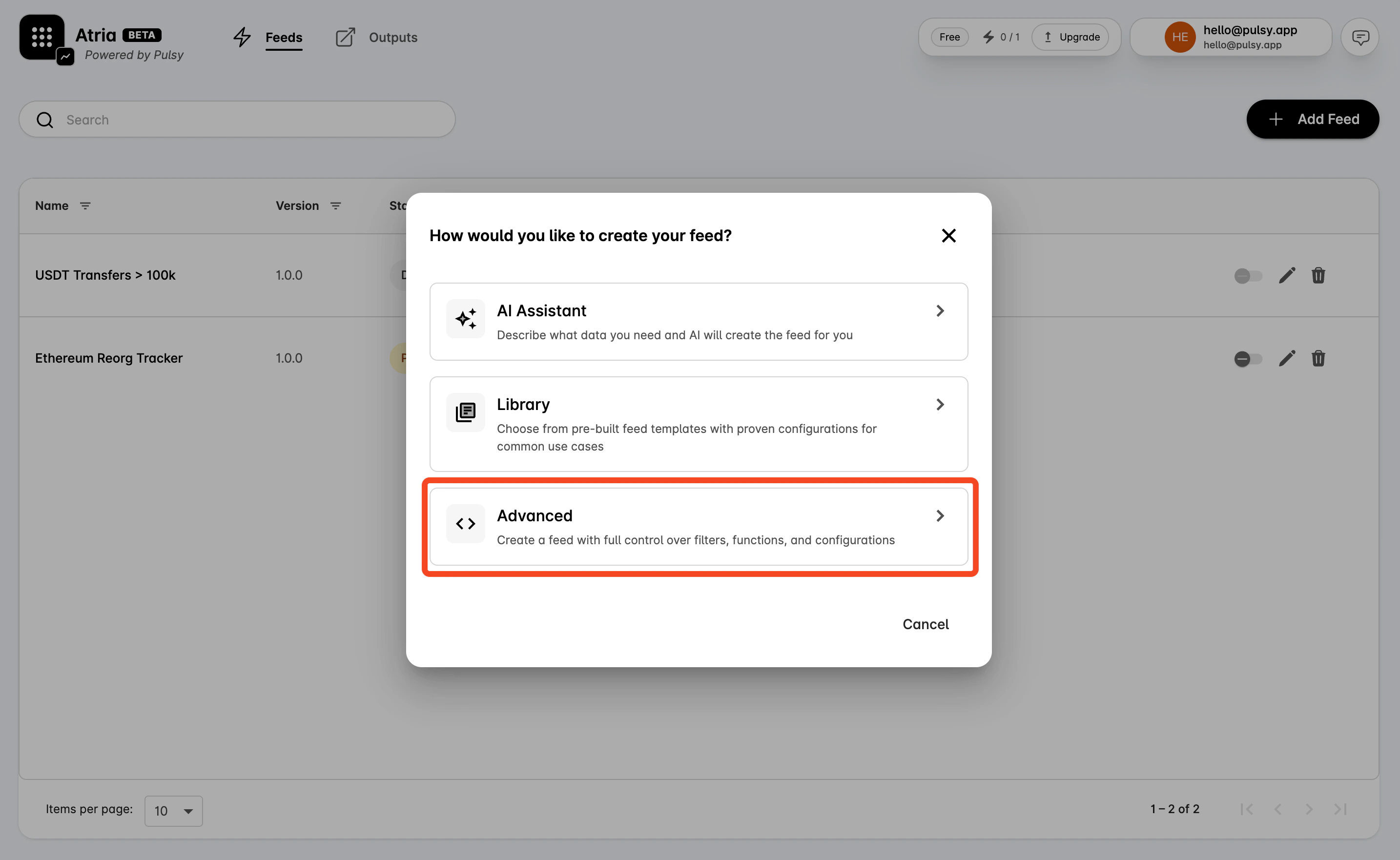 Feed mode selection with Advanced Mode highlighted