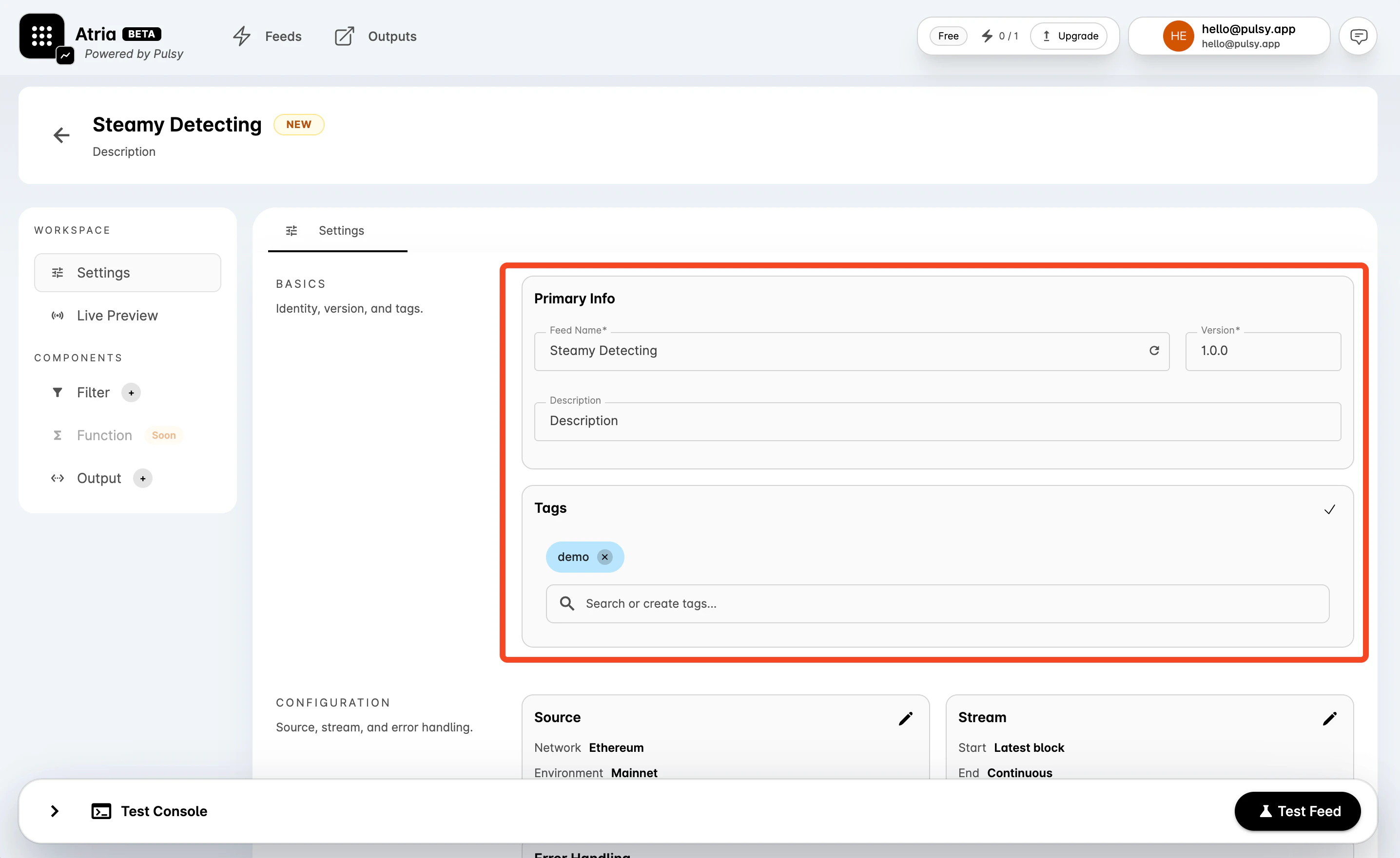 Feed Settings tab with feed name, version, description, and tags