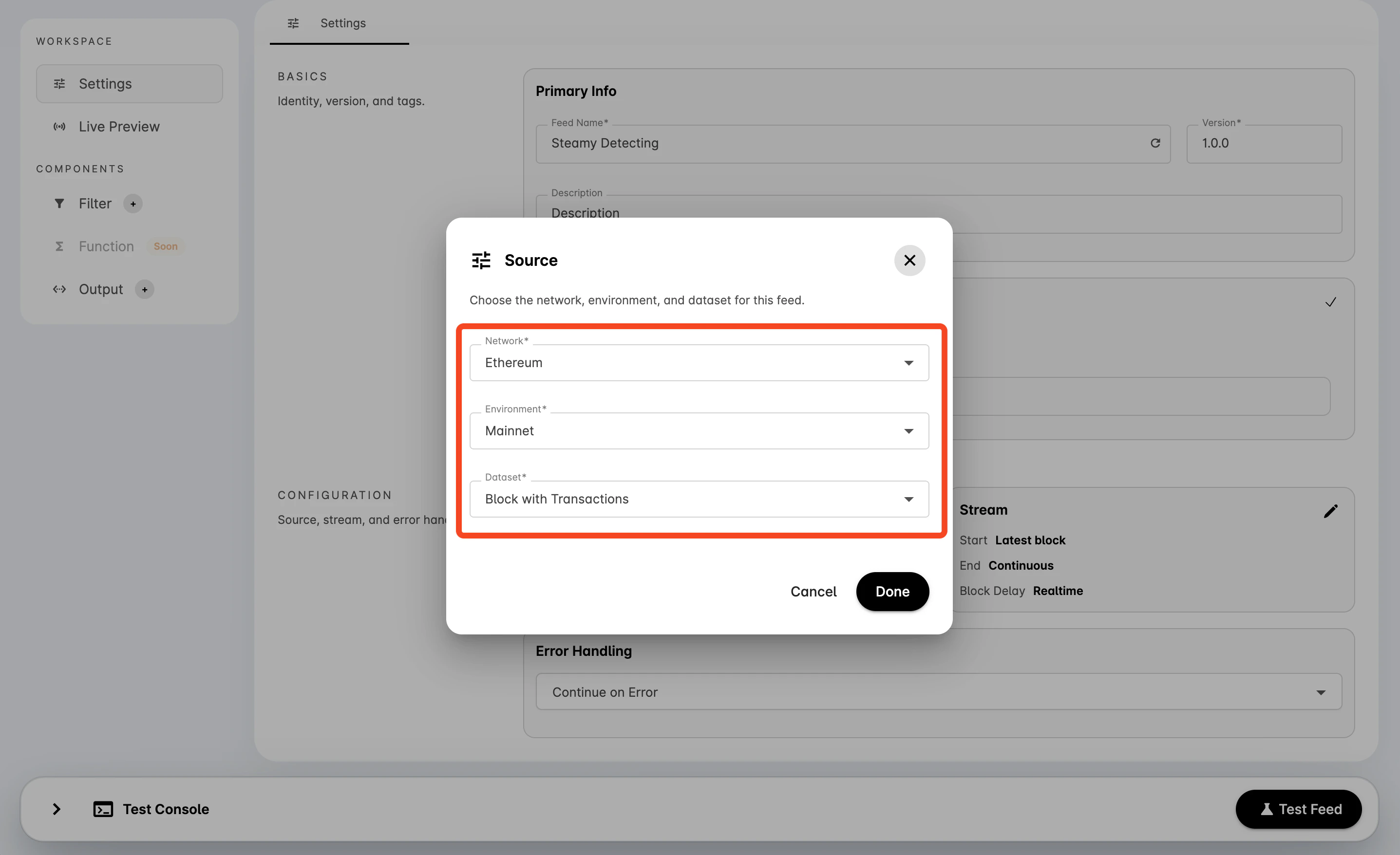 Source dialog with network, environment, and dataset fields