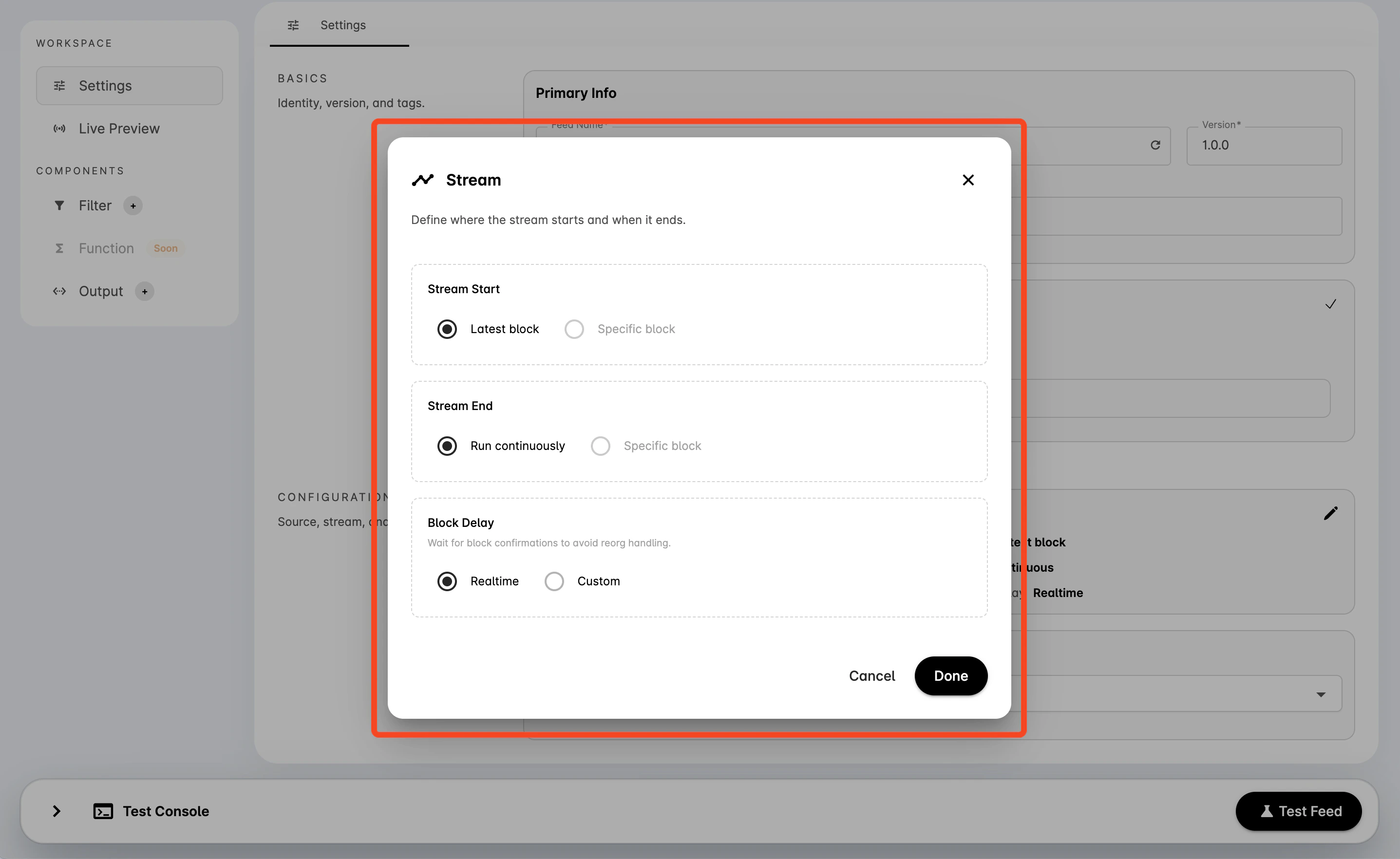 Stream dialog with block range and block delay options