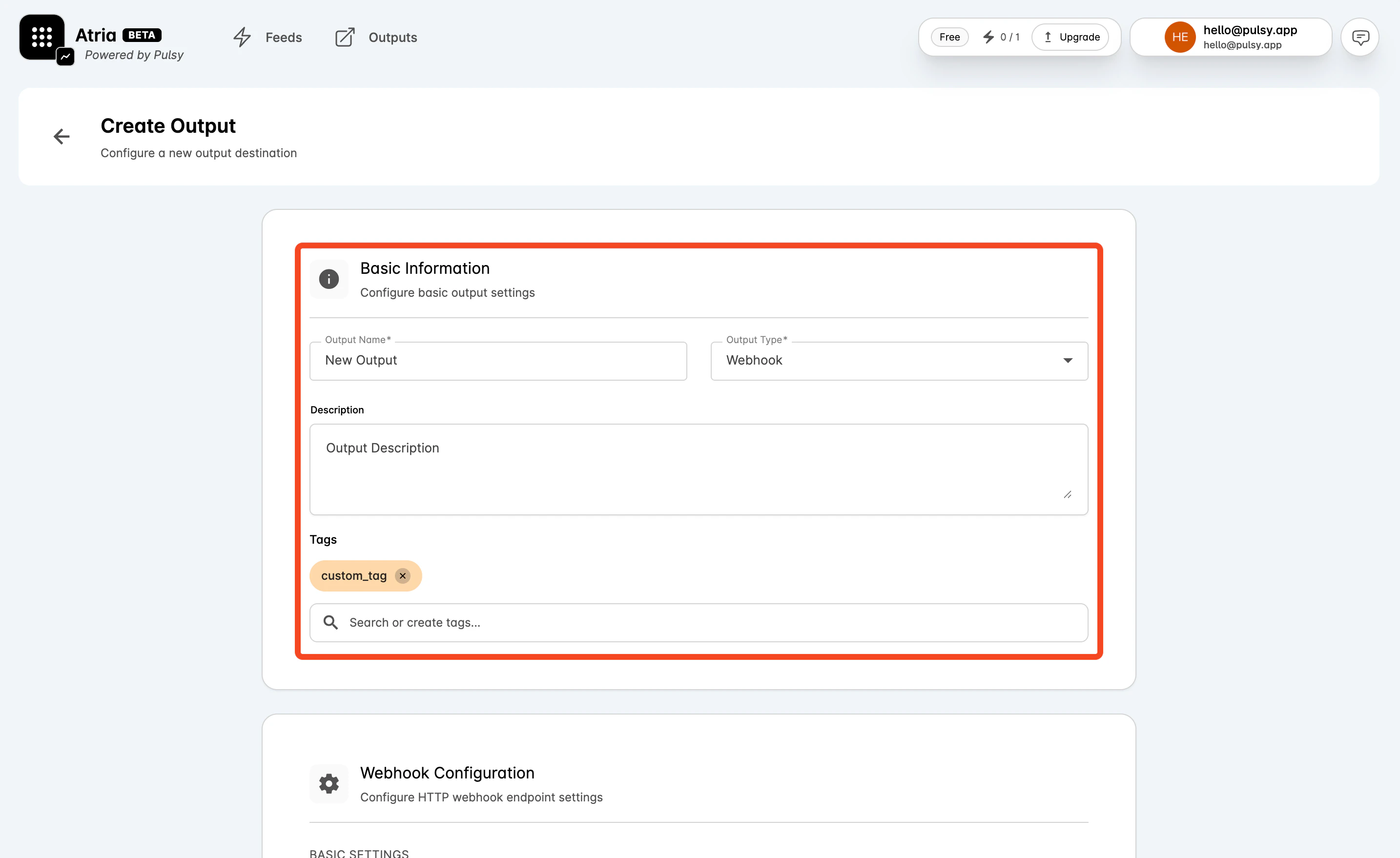 Create Output page with basic information filled in