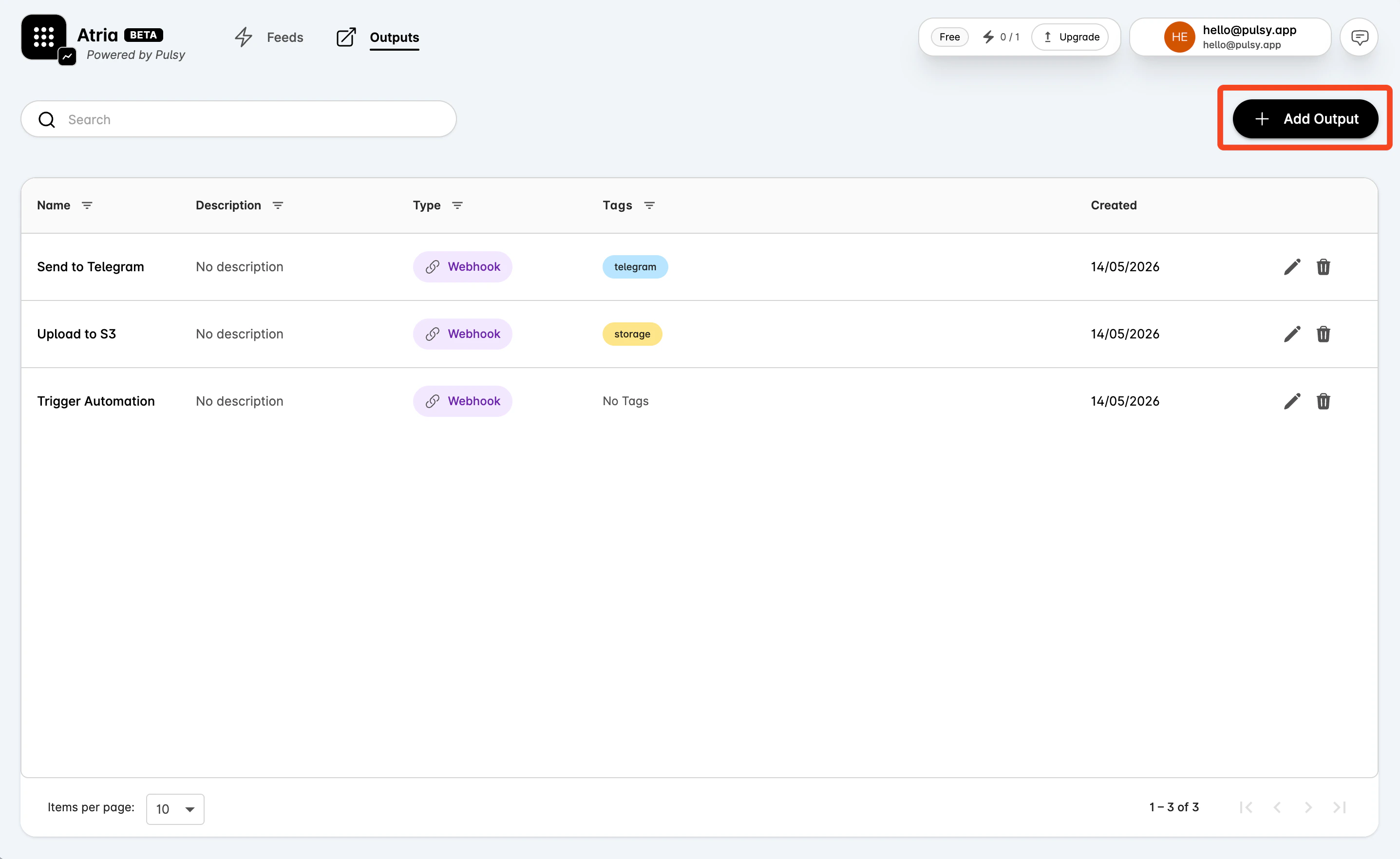 Outputs page with Add Output highlighted