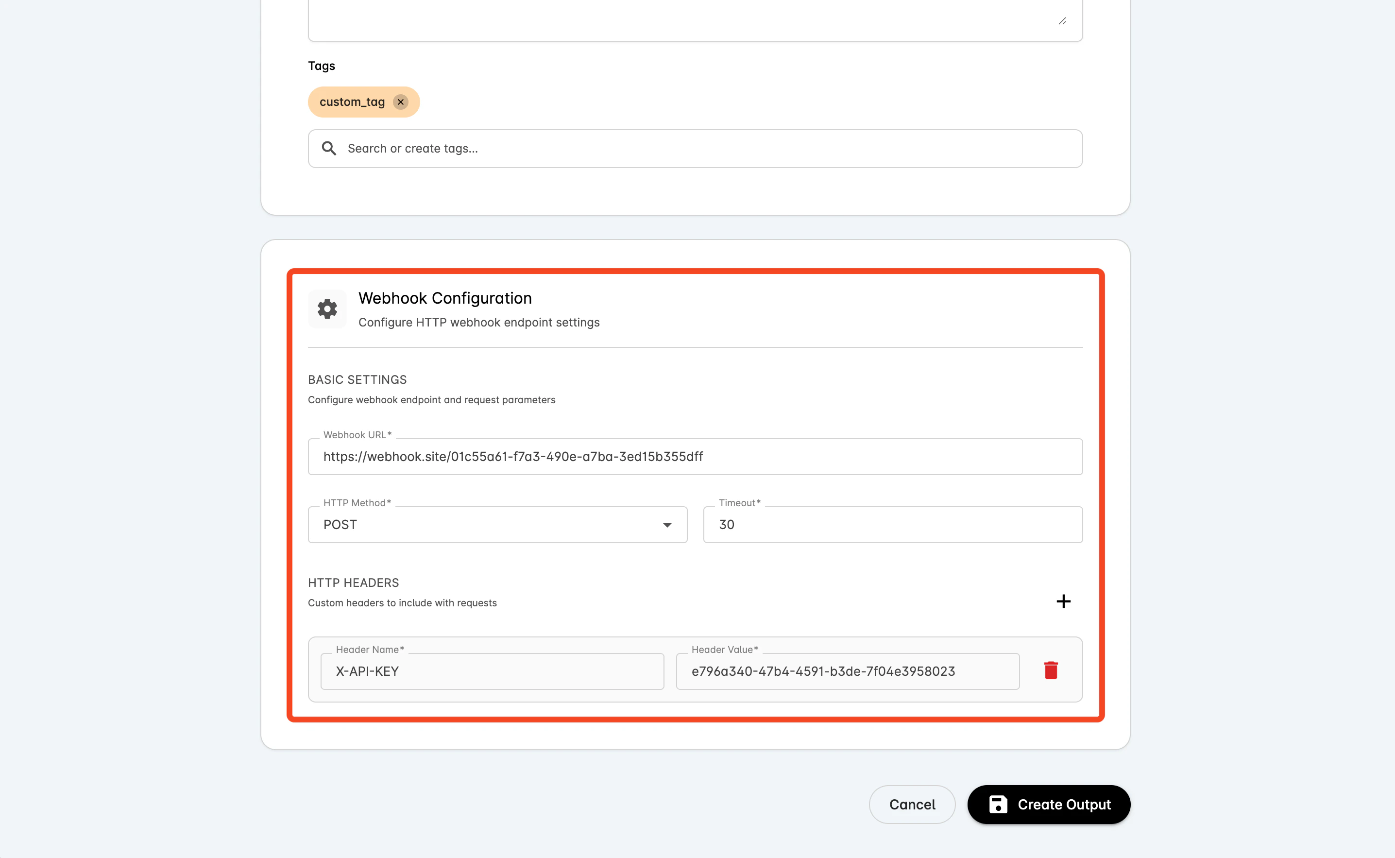 Webhook configuration with URL, method, timeout, and headers