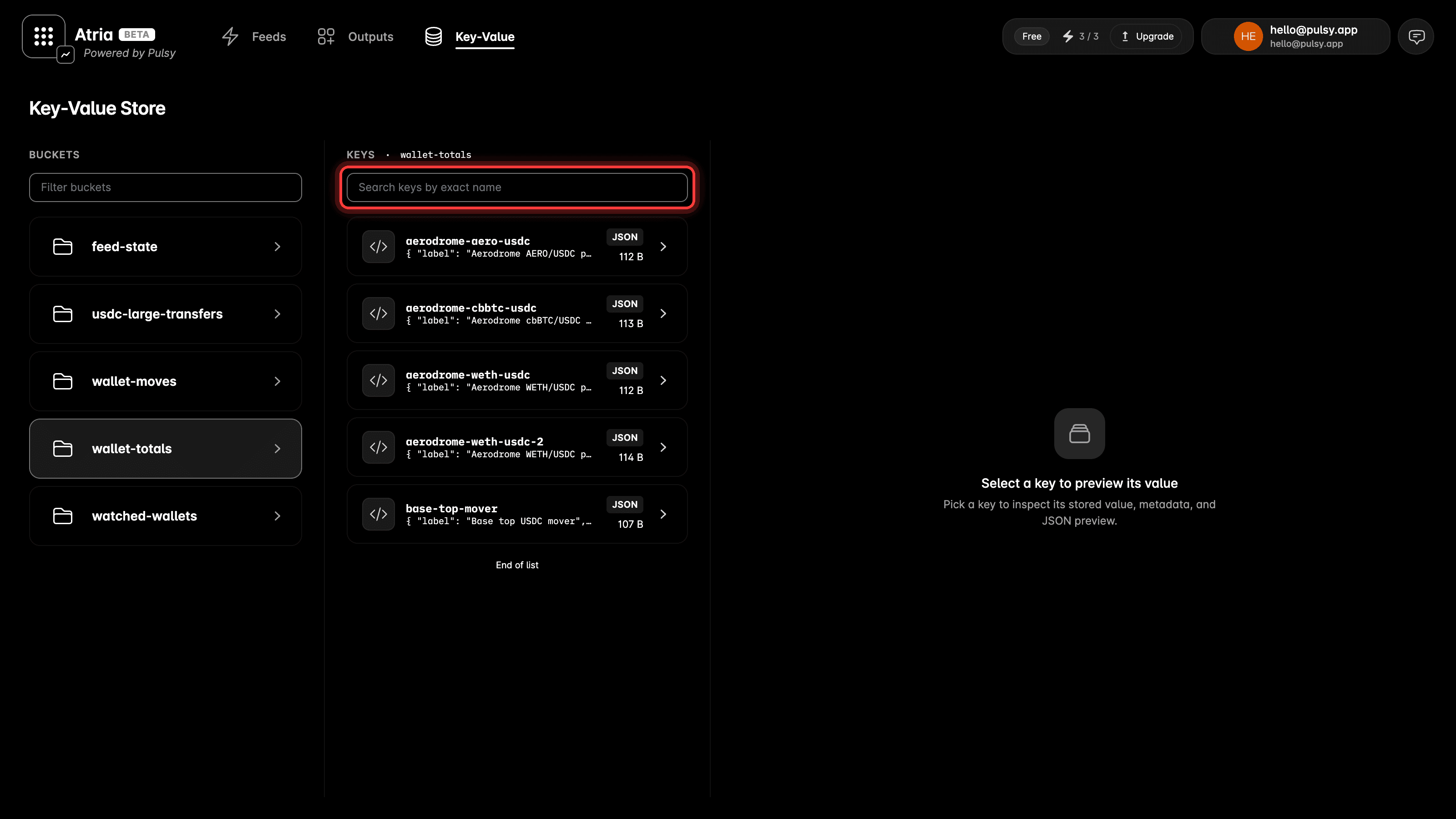 Keys in the selected bucket, with the exact name search box