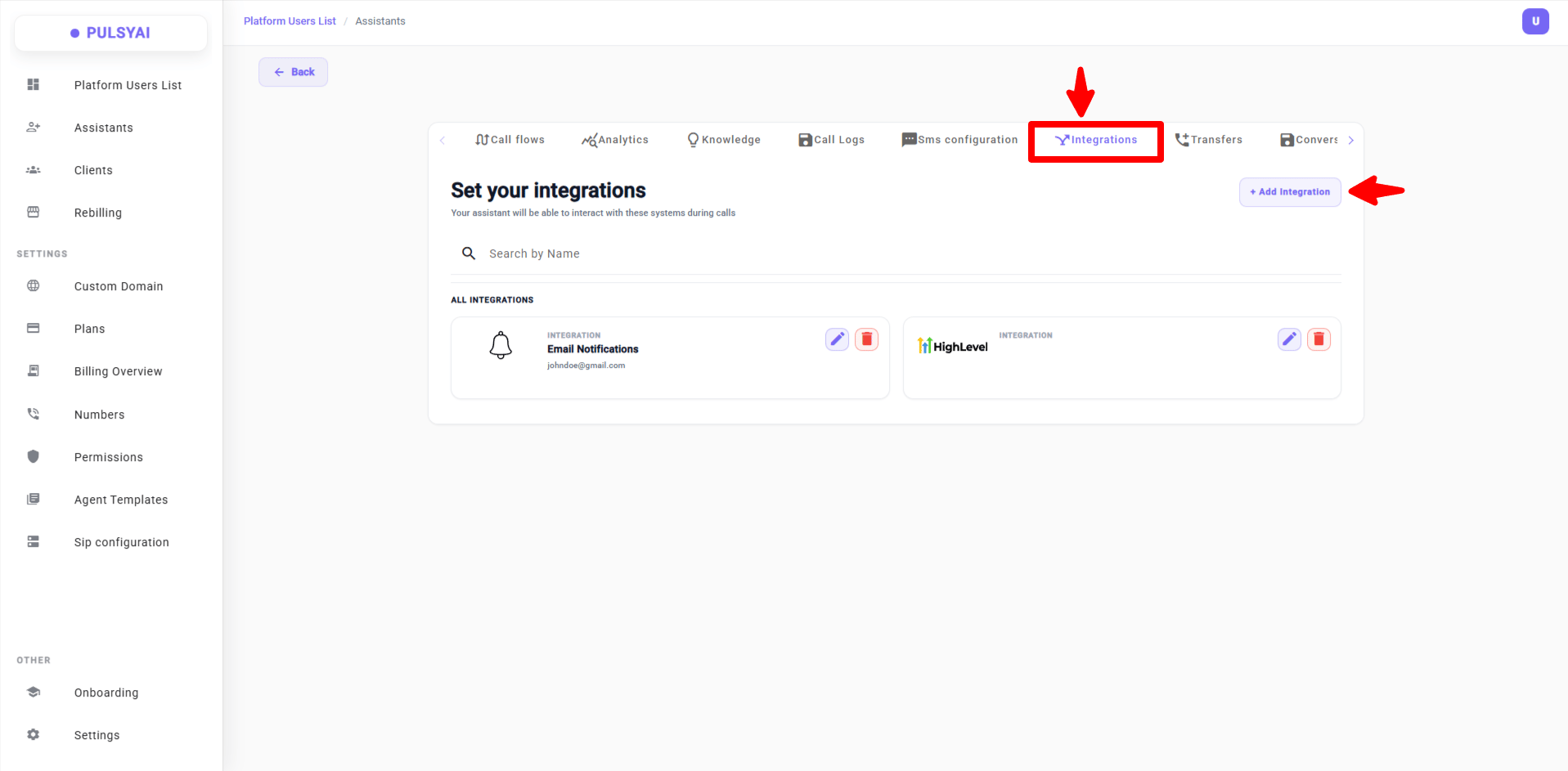 PulsyAI Integrations tab with the + Add Integration button