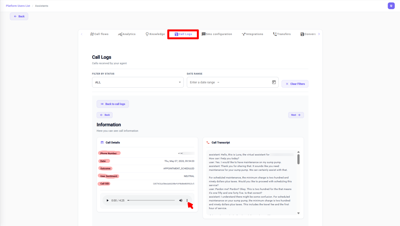 Call detail view
