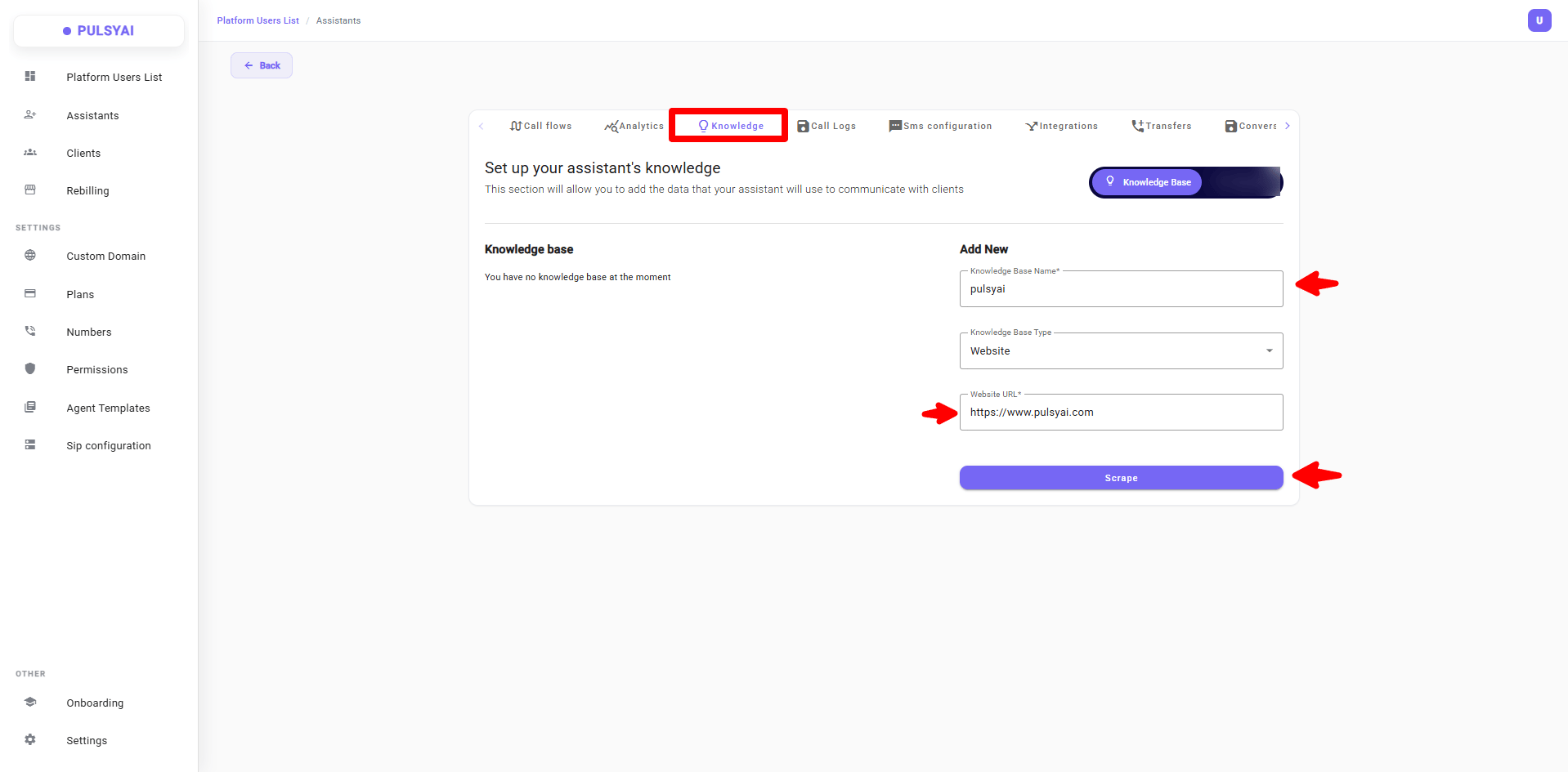 Adding a website knowledge base in PulsyAI