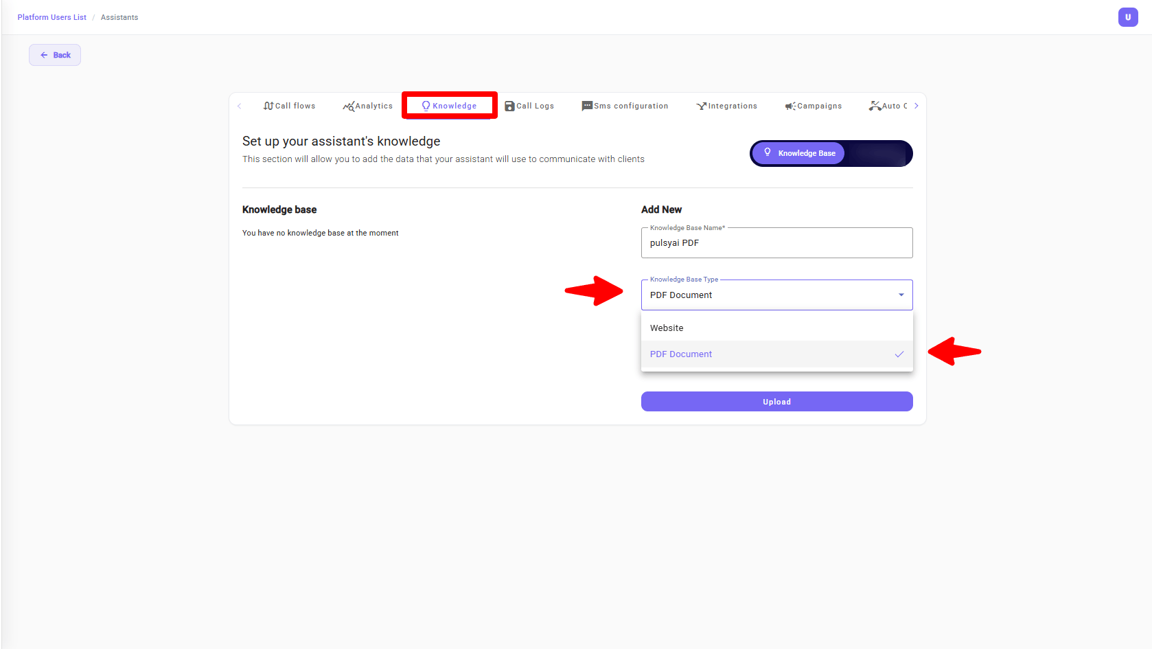 Adding a PDF document knowledge base in PulsyAI