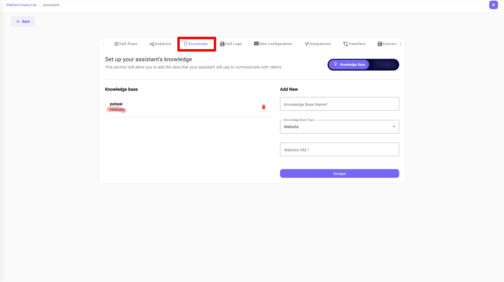 Knowledge base in Pending status after scraping a website in PulsyAI