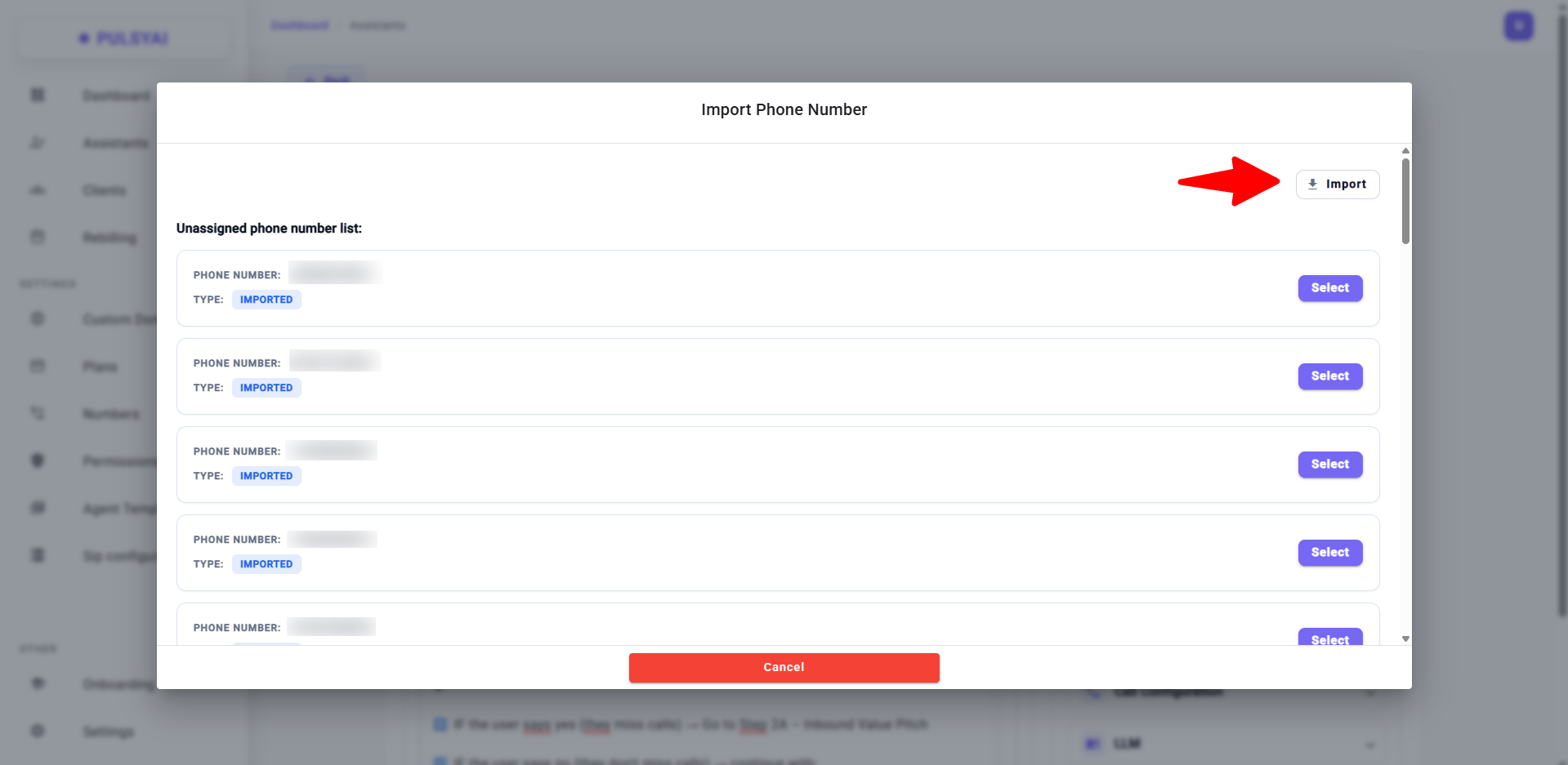 Import button from Call Flows tab