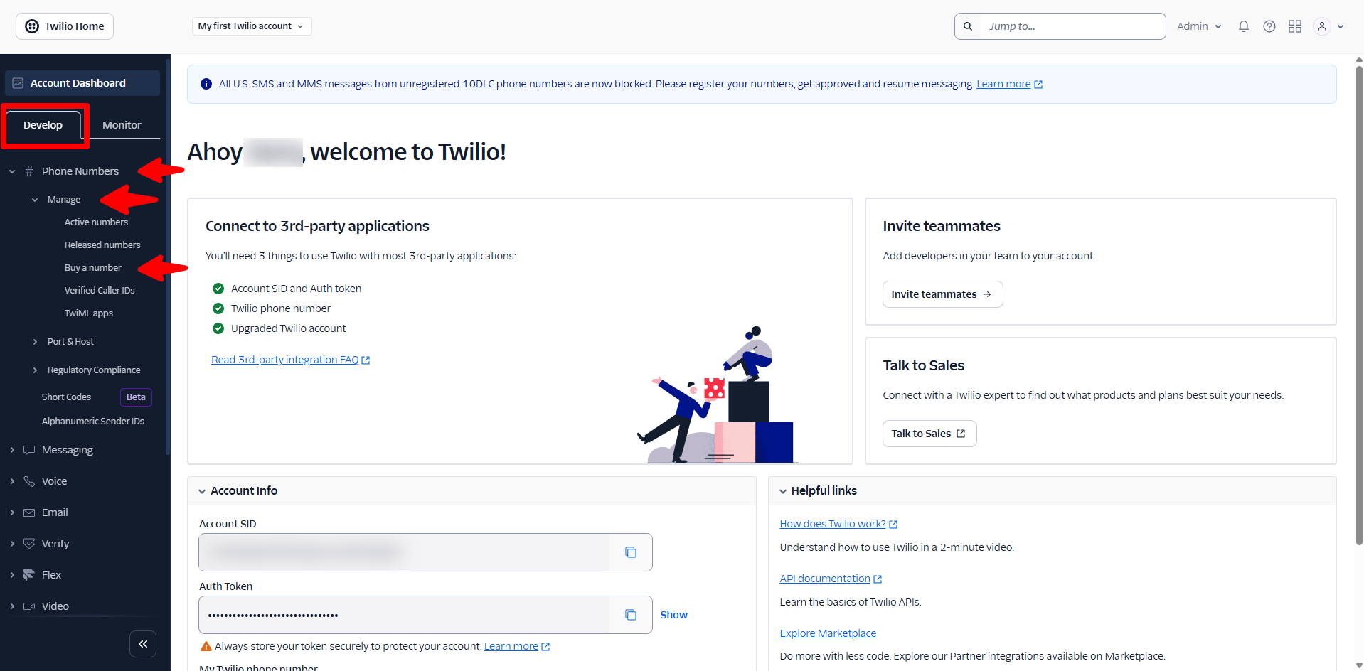 Twilio console — Buy a Number