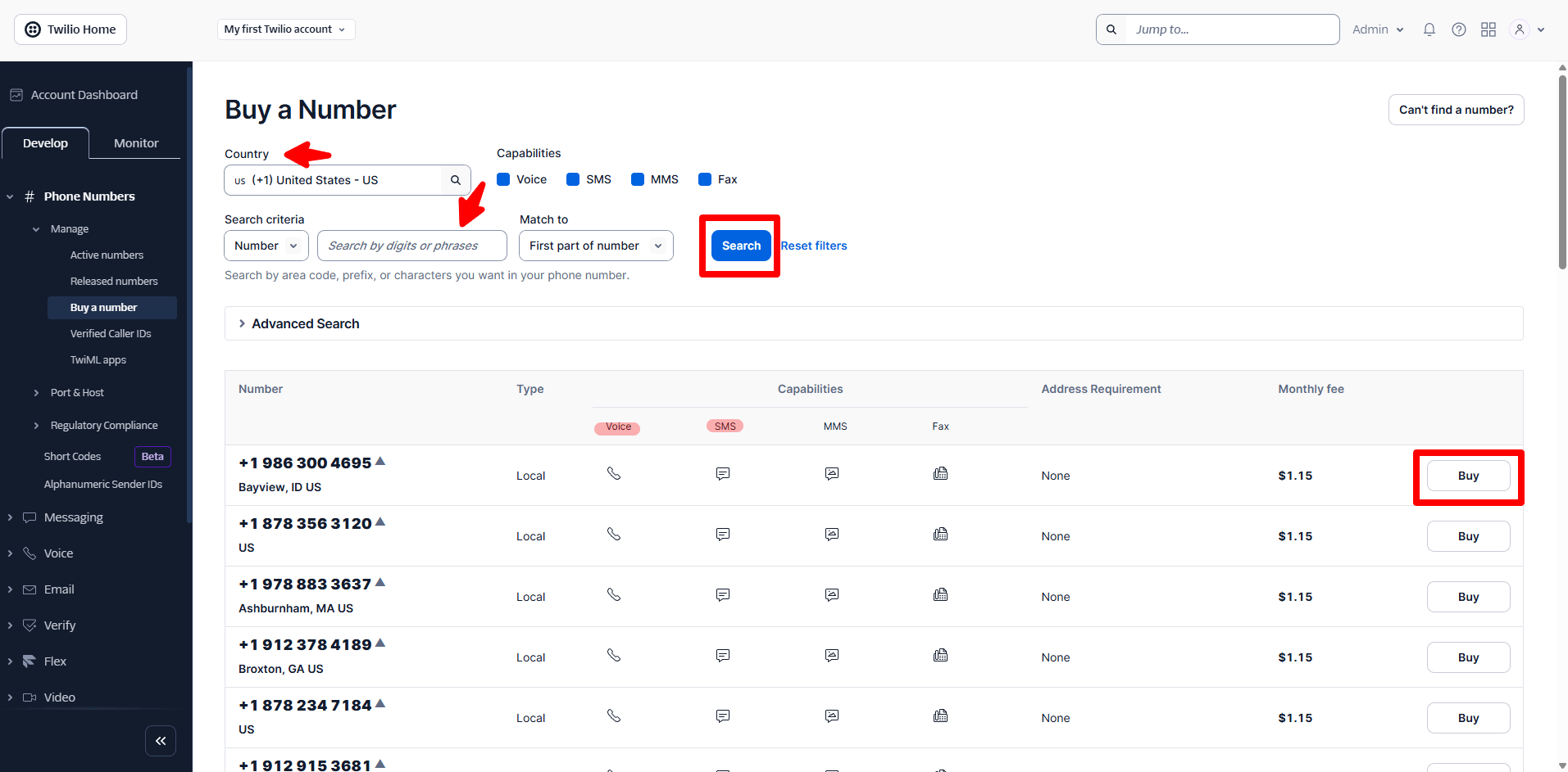 Twilio — Search and buy a number