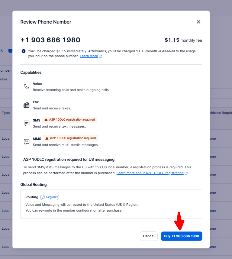 Twilio — Confirm purchase