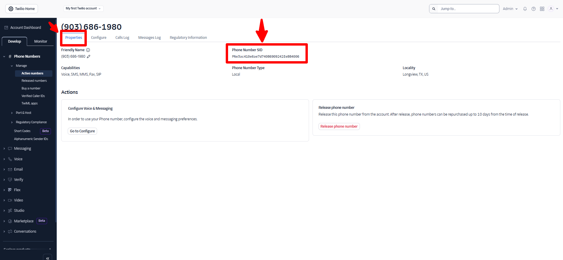 Twilio — Properties with Phone number SID