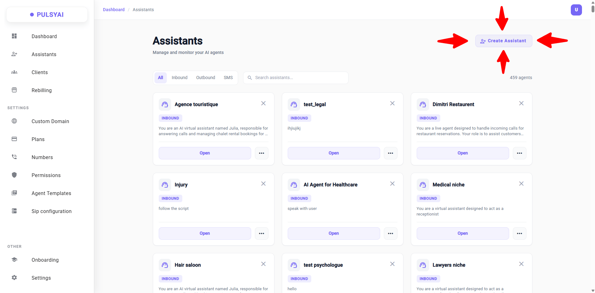 PulsyAI home page — Assistants list