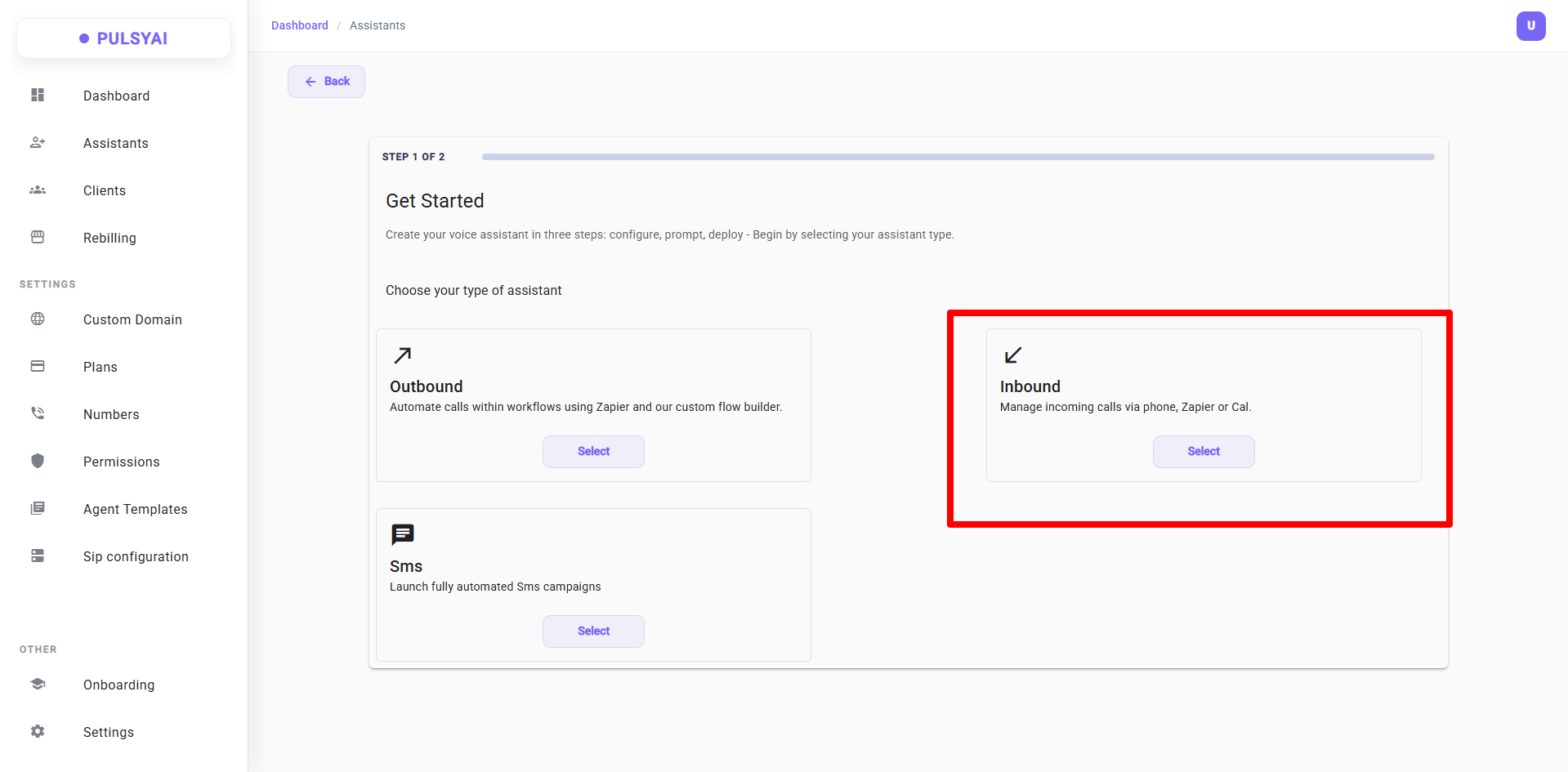 Choose agent type — Inbound, Outbound, or SMS