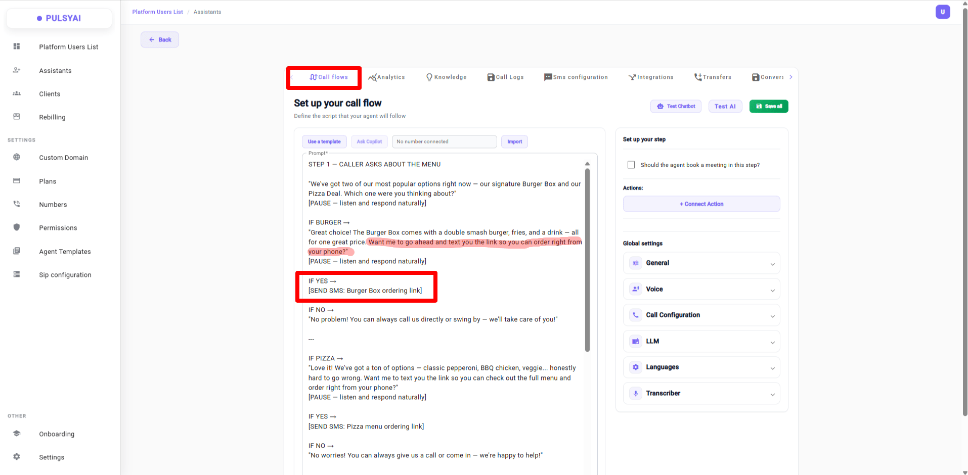 Example of a call flow prompt that triggers conditional SMS messages — the agent asks the user before sending, and only sends the SMS if the user agrees.