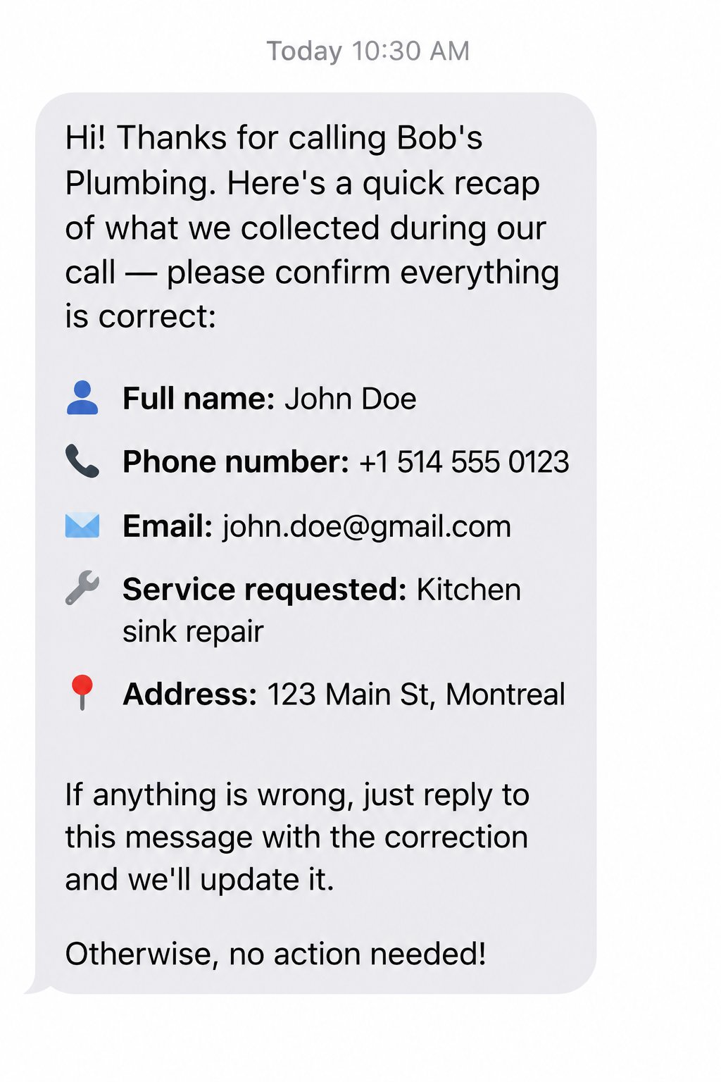 Example of Verify User Information in action — the agent sends a recap of collected information by SMS, the caller replies with a correction, and PulsyAI updates the data automatically.