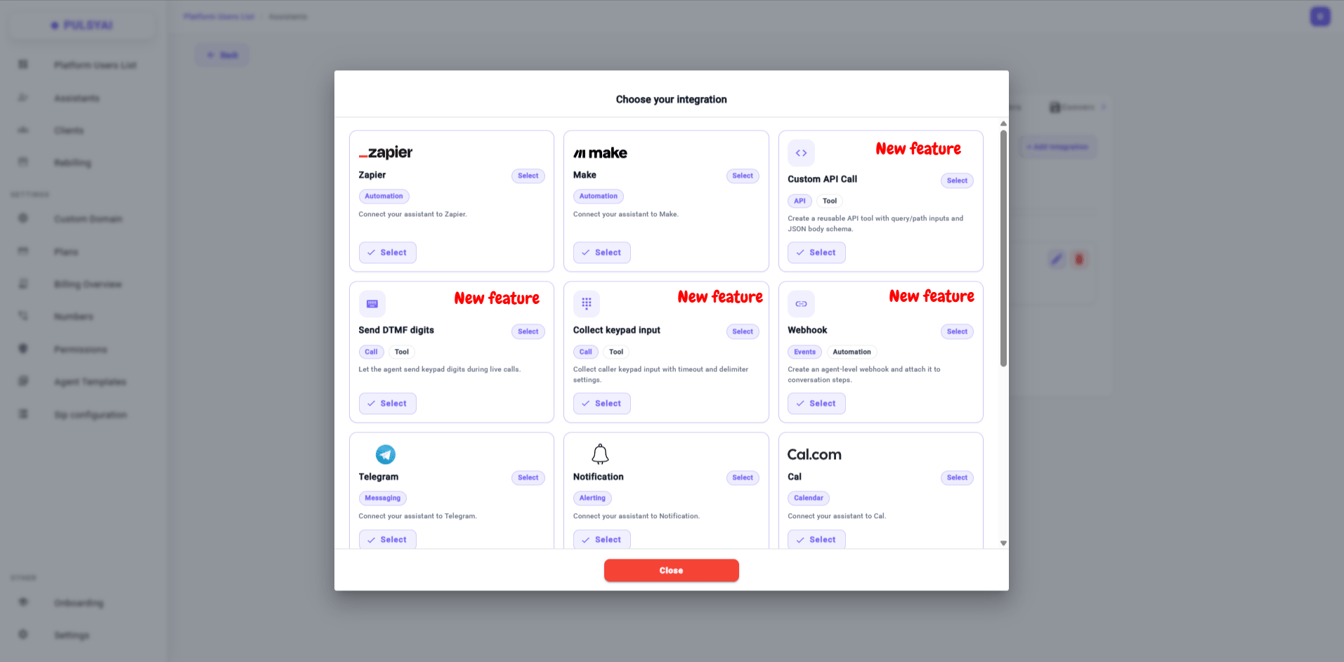 Choose your integration modal