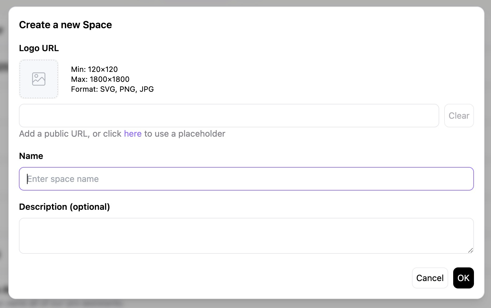 Create New Space Dialog