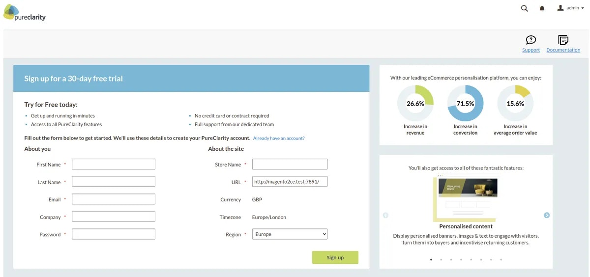 Dashboard page showing signup form and marketing information