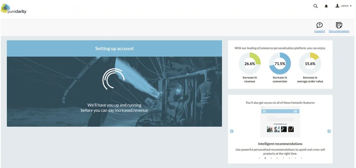 Dashboard page in "Setting up account" mode