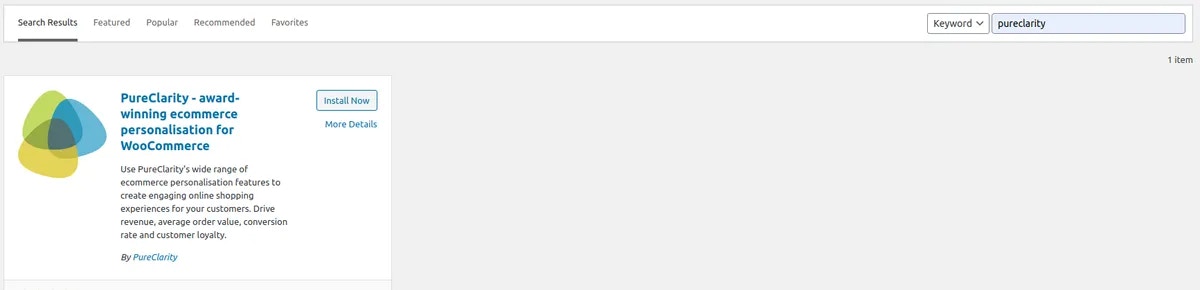 Search results showing PureClarity plugin