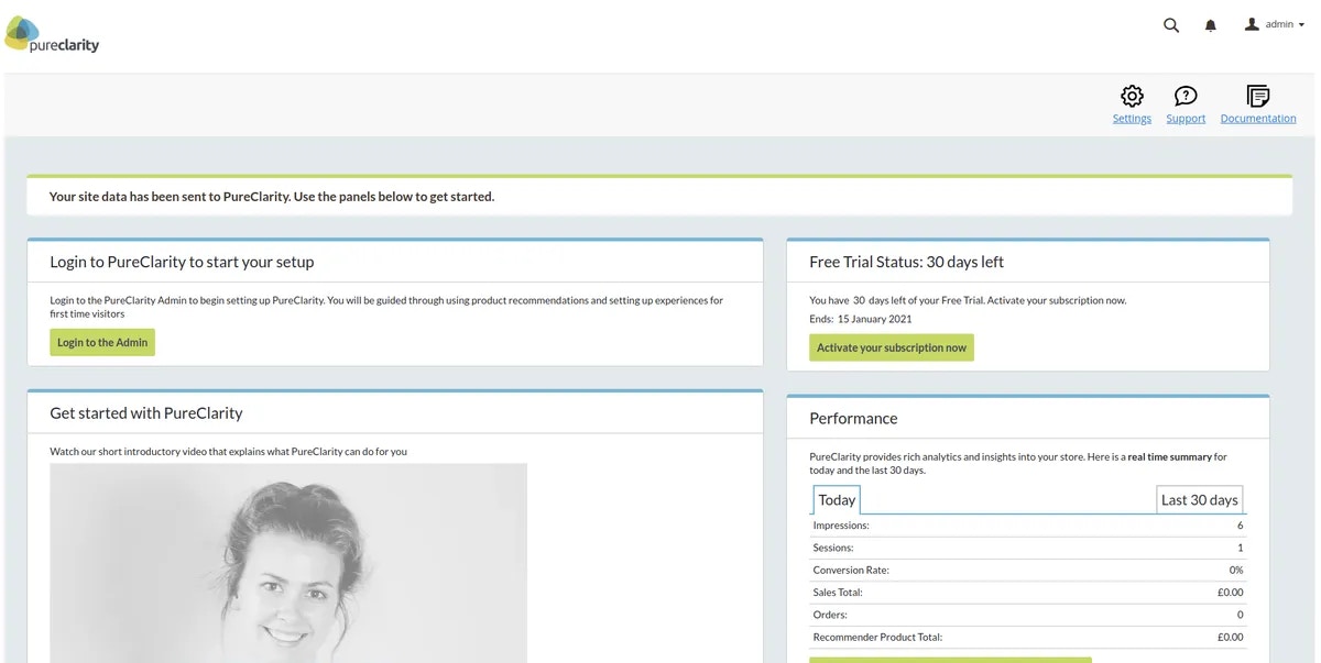 PureClarity dashboard page after signup